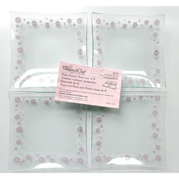 Pampered Chef Daisy Dessert Plates Set of 4 Glass 2818 Petal Pink White RETIRED - Picture 1 of 8